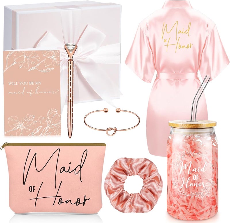 Irenare Irenare 8 Pcs Proposal Gifts Set Robes Makeup Bag Cup Cards Hair Tie Bracelet Diamond Pen Bridesmaid Gift Box(Pink,Maid of Honor) 