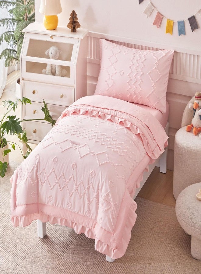 AIKASY Toddler Bedding Set 4 Pieces Super Soft Comforter Set, Shabby Boho Bohemian Design for Boys and Girls（Ruffle Fringe Comforter, Flat Sheet, Fitted Sheet and Pillowcase）- Coral Pink - Image 1