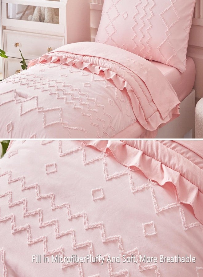 AIKASY Toddler Bedding Set 4 Pieces Super Soft Comforter Set, Shabby Boho Bohemian Design for Boys and Girls（Ruffle Fringe Comforter, Flat Sheet, Fitted Sheet and Pillowcase）- Coral Pink - Image 4