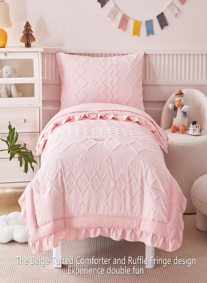 AIKASY Toddler Bedding Set 4 Pieces Super Soft Comforter Set, Shabby Boho Bohemian Design for Boys and Girls（Ruffle Fringe Comforter, Flat Sheet, Fitted Sheet and Pillowcase）- Coral Pink - Image 2