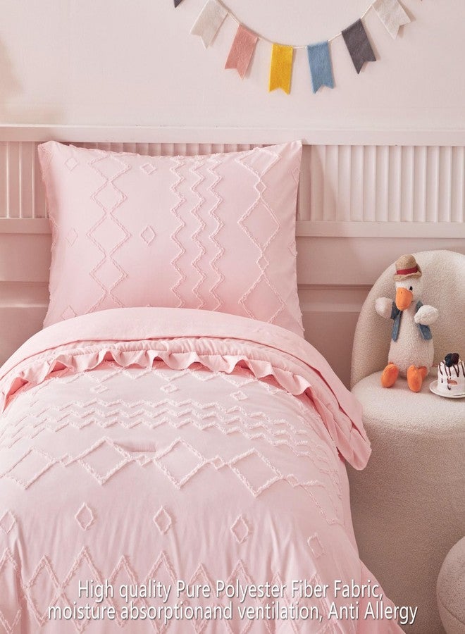 AIKASY Toddler Bedding Set 4 Pieces Super Soft Comforter Set, Shabby Boho Bohemian Design for Boys and Girls（Ruffle Fringe Comforter, Flat Sheet, Fitted Sheet and Pillowcase）- Coral Pink - Image 3