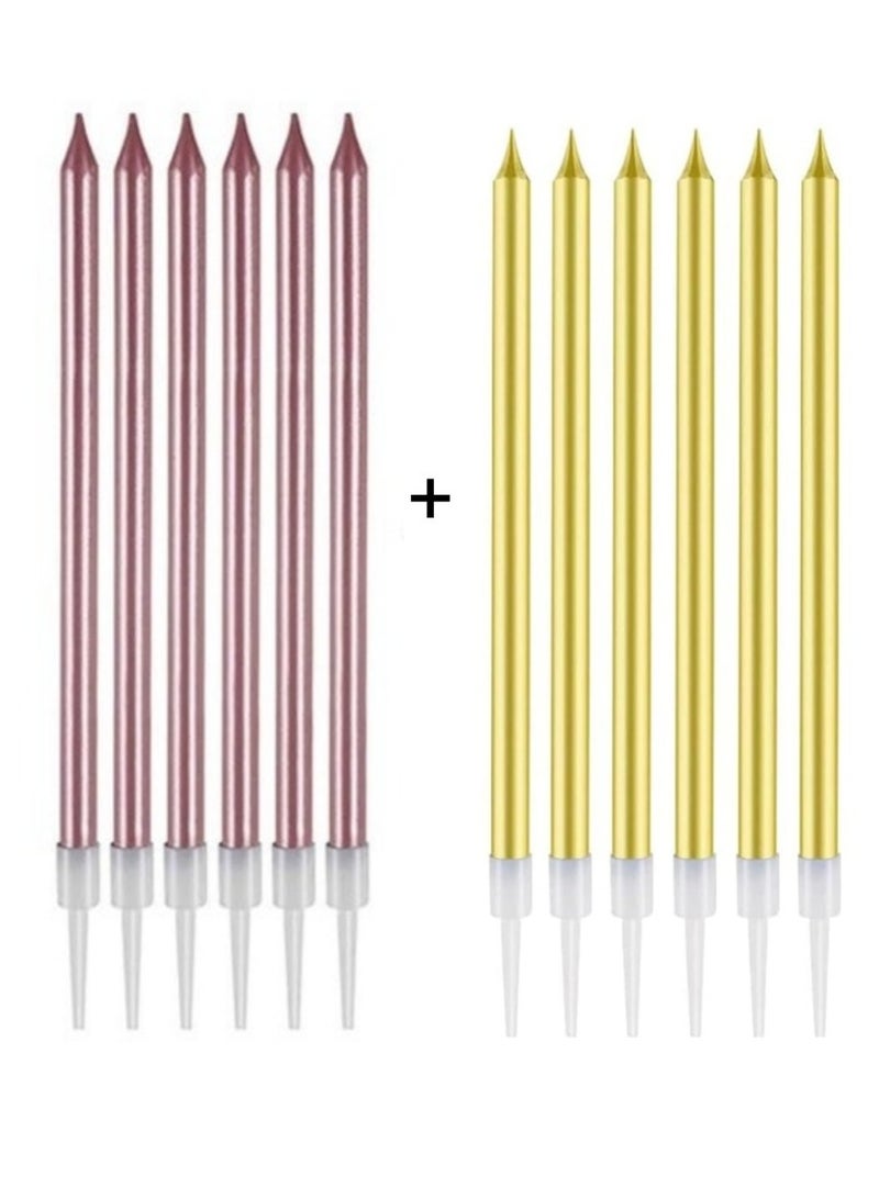 12 Pcs Electroplate Birthday Candles Set, Bio Degradable Long Thin Candles with Holders, Party Candles for Birthday Cakes Cupcake (Gold+Pink)  - Image 1