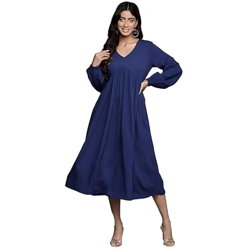 Varanga Women Blue V-Neck Bishop Sleeves A-Line Dress with Gathered Details and Flared Hem (Large) - Image 4