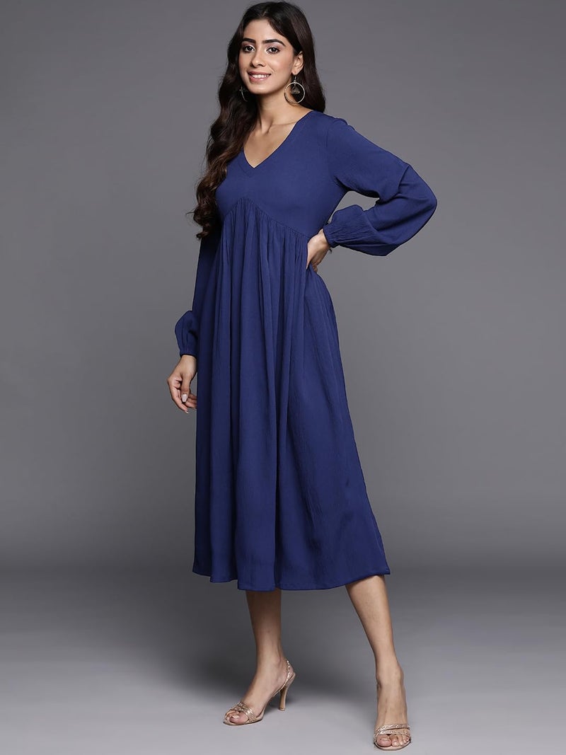 Varanga Women Blue V-Neck Bishop Sleeves A-Line Dress with Gathered Details and Flared Hem (Large) - Image 2