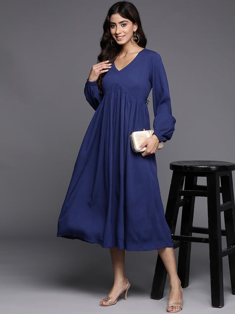 Varanga Women Blue V-Neck Bishop Sleeves A-Line Dress with Gathered Details and Flared Hem (Large) - Image 5