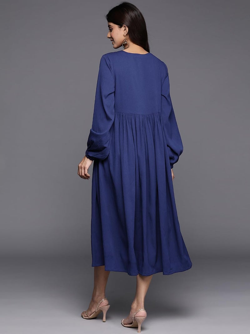 Varanga Women Blue V-Neck Bishop Sleeves A-Line Dress with Gathered Details and Flared Hem (Large) - Image 3