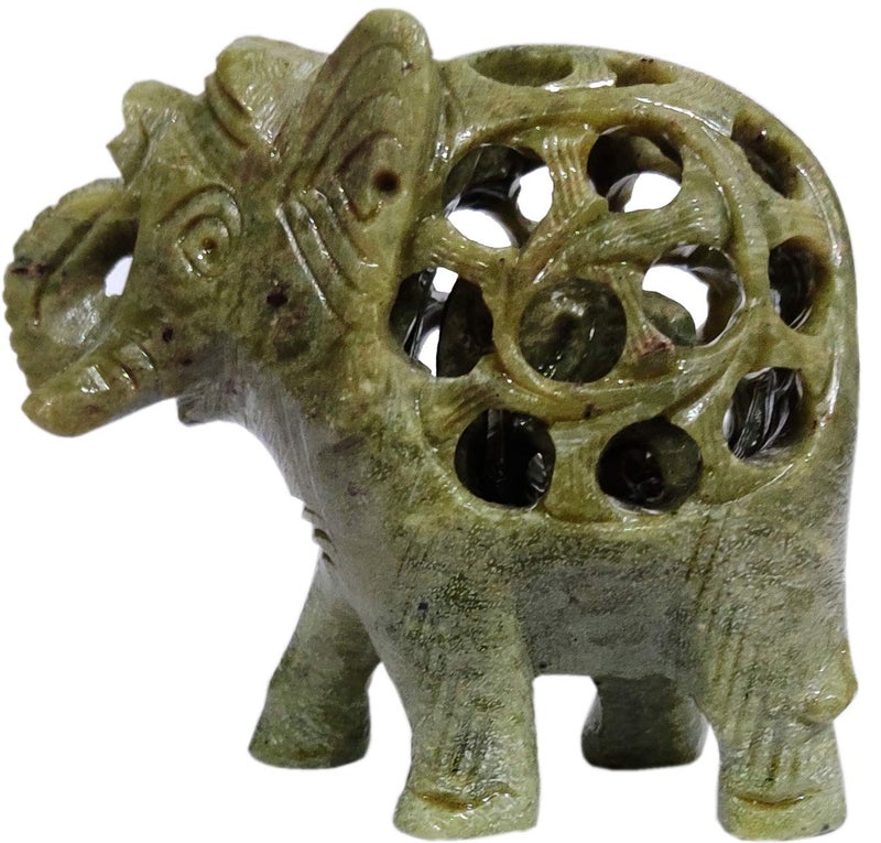 Purpledip Soapstone Statue Nested Elephants: Lattice Design Jaali Work Mesh Sculpture (11662) - Image 3