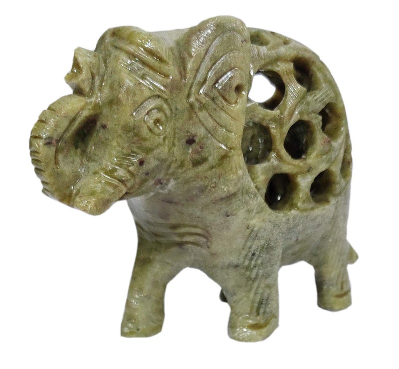Purpledip Soapstone Statue Nested Elephants: Lattice Design Jaali Work Mesh Sculpture (11662) - Image 2