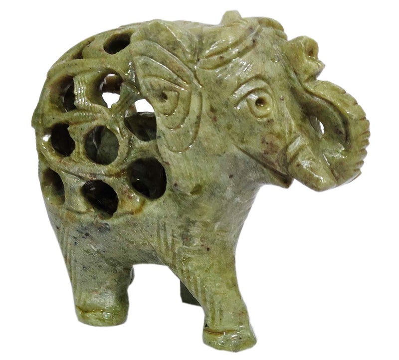 Purpledip Soapstone Statue Nested Elephants: Lattice Design Jaali Work Mesh Sculpture (11662) - Image 4
