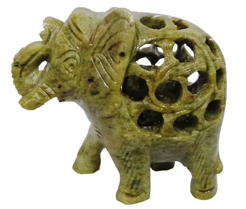 Purpledip Soapstone Statue Nested Elephants: Lattice Design Jaali Work Mesh Sculpture (11662) - Image 1