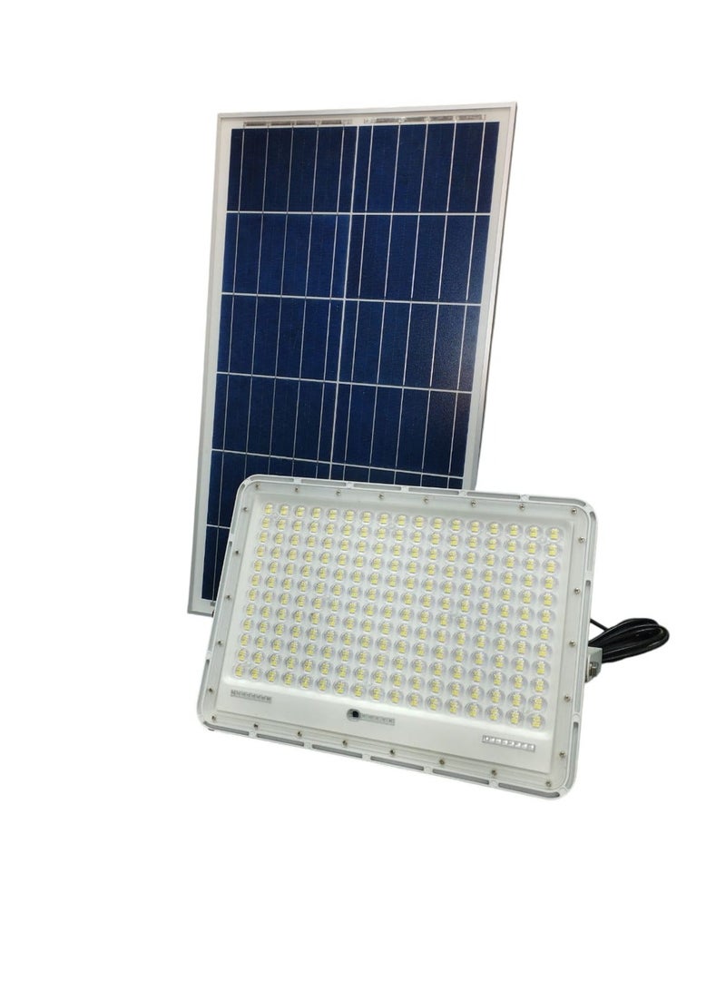 Qenos 200W Solar Powered Outdoor LED Flood Light with Solar Panel and Remote Control - White 6500K - Image 1