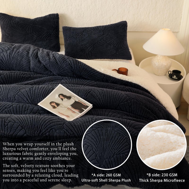 tohrisa Seashell Jacquard Sherpa Comforter Set Warm Cozy Premium Bedding 3 Pieces, Full/Queen Size Geometric Pattern Quilt Comforter with 2 Pillowcases(90"X90" Grey) - Image 4