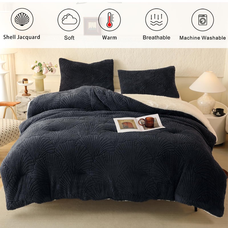 tohrisa Seashell Jacquard Sherpa Comforter Set Warm Cozy Premium Bedding 3 Pieces, Full/Queen Size Geometric Pattern Quilt Comforter with 2 Pillowcases(90"X90" Grey) - Image 3