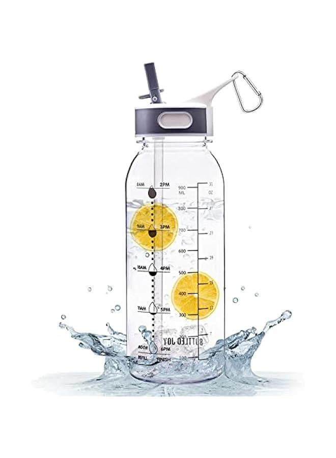 Arabest 32oz/1L BPA-Free Water Bottle with Silicone Straw, Time Marker, and Leakproof Buckle - Perfect for Fitness, Camping, and School Kids - Image 1