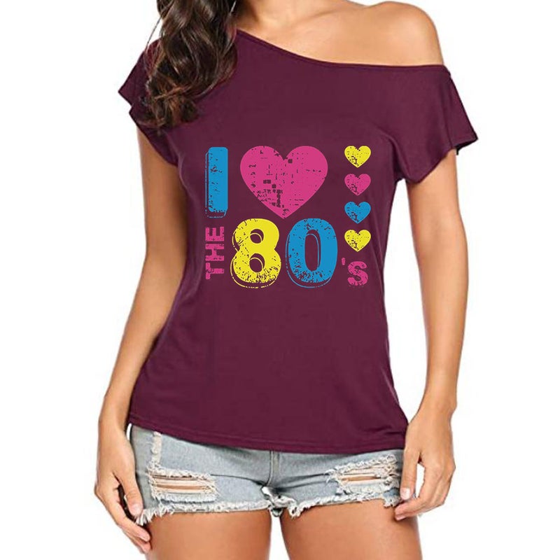 I Love The 80's oblique collar off-shoulder irregular short sleeve T-shirt women - Image 1