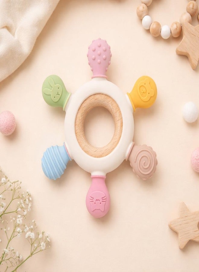 HBKOH Silicone Baby Teething Ring, Multi-Coloured Textured Sensory Toy with 6 Soothing Elements Baby Teether 6-12 Months Soft - Image 2