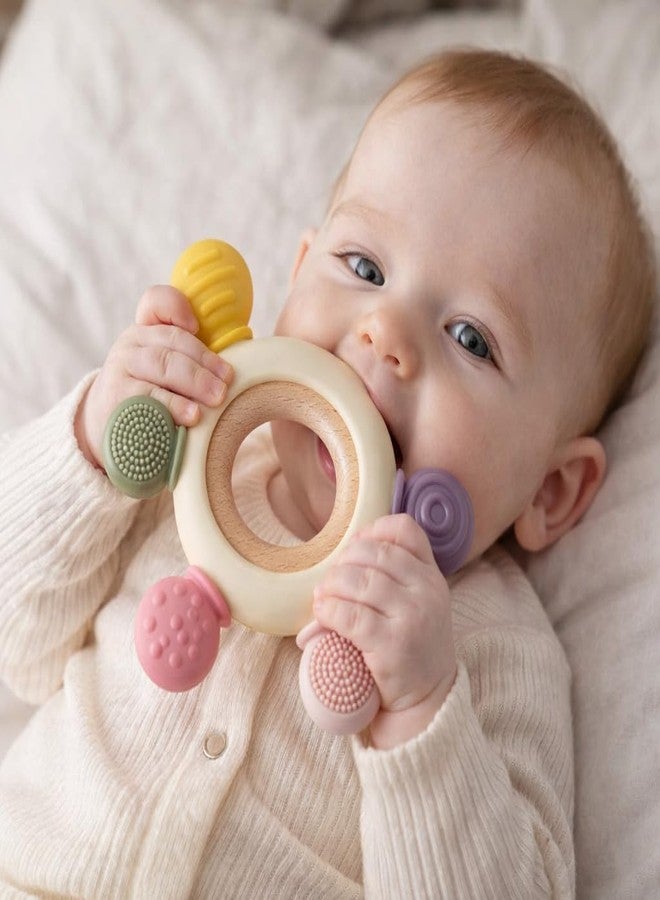 HBKOH Silicone Baby Teething Ring, Multi-Coloured Textured Sensory Toy with 6 Soothing Elements Baby Teether 6-12 Months Soft - Image 1