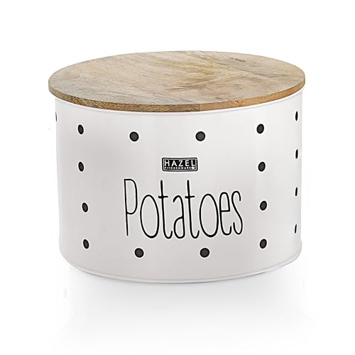 HAZEL Potato Storage Container for Kitchen | 4kg Capacity Metal Bin with Wooden Lid | Onion Potato Organizer Basket | White Vegetable Holder - Image 1