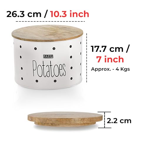 HAZEL Potato Storage Container for Kitchen | 4kg Capacity Metal Bin with Wooden Lid | Onion Potato Organizer Basket | White Vegetable Holder - Image 5