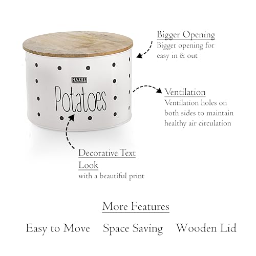 HAZEL Potato Storage Container for Kitchen | 4kg Capacity Metal Bin with Wooden Lid | Onion Potato Organizer Basket | White Vegetable Holder - Image 4
