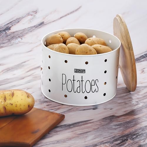 HAZEL Potato Storage Container for Kitchen | 4kg Capacity Metal Bin with Wooden Lid | Onion Potato Organizer Basket | White Vegetable Holder - Image 2