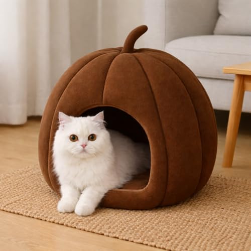 Zexsazone Summer Cat House, Portable Cat Bed with Removable Cushion, 2-in-1 Washable Cozy Puppy Bed Hut Cat Cave, Foldable Warm for Pets Puppy Kitten Rabbit (Brown, Shape - Pumpkin) - Image 1