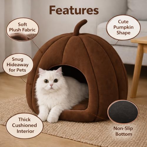Zexsazone Summer Cat House, Portable Cat Bed with Removable Cushion, 2-in-1 Washable Cozy Puppy Bed Hut Cat Cave, Foldable Warm for Pets Puppy Kitten Rabbit (Brown, Shape - Pumpkin) - Image 4