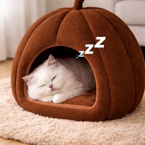 Zexsazone Summer Cat House, Portable Cat Bed with Removable Cushion, 2-in-1 Washable Cozy Puppy Bed Hut Cat Cave, Foldable Warm for Pets Puppy Kitten Rabbit (Brown, Shape - Pumpkin) - Image 2