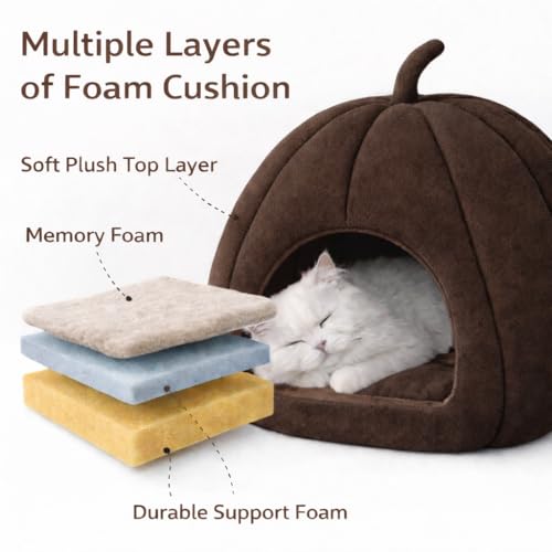 Zexsazone Summer Cat House, Portable Cat Bed with Removable Cushion, 2-in-1 Washable Cozy Puppy Bed Hut Cat Cave, Foldable Warm for Pets Puppy Kitten Rabbit (Brown, Shape - Pumpkin) - Image 5