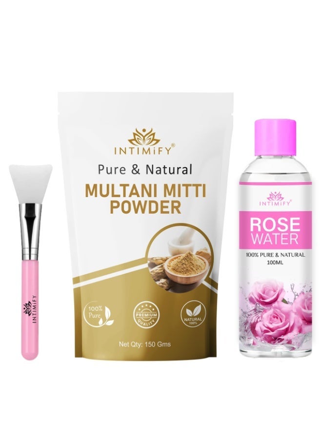 INTIMIFY Multani Mitti Powder For Face Pack 150g,rose water 100ml,brush - Image 1