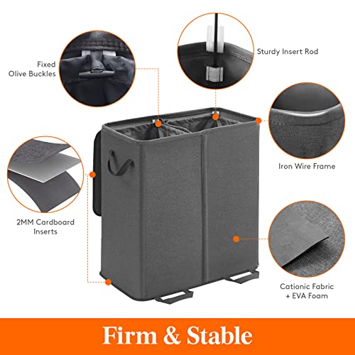 Lifewit Double Laundry Hamper with Lid and Removable Laundry Bags, Large Collapsible 2 Dividers Dirty Clothes Basket with Handles for Bedroom, Laundry Room, Closet, Bathroom, College, 136L Black - Image 2