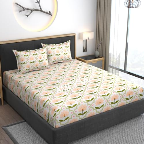 AMEYAA 350 TC All Around Elastic Fitted Bedsheets King Size Bedsheets, Premium Printed Fitted Bedsheet dor Double Bed 72 x 78 x 10 Inches Orange - Image 1