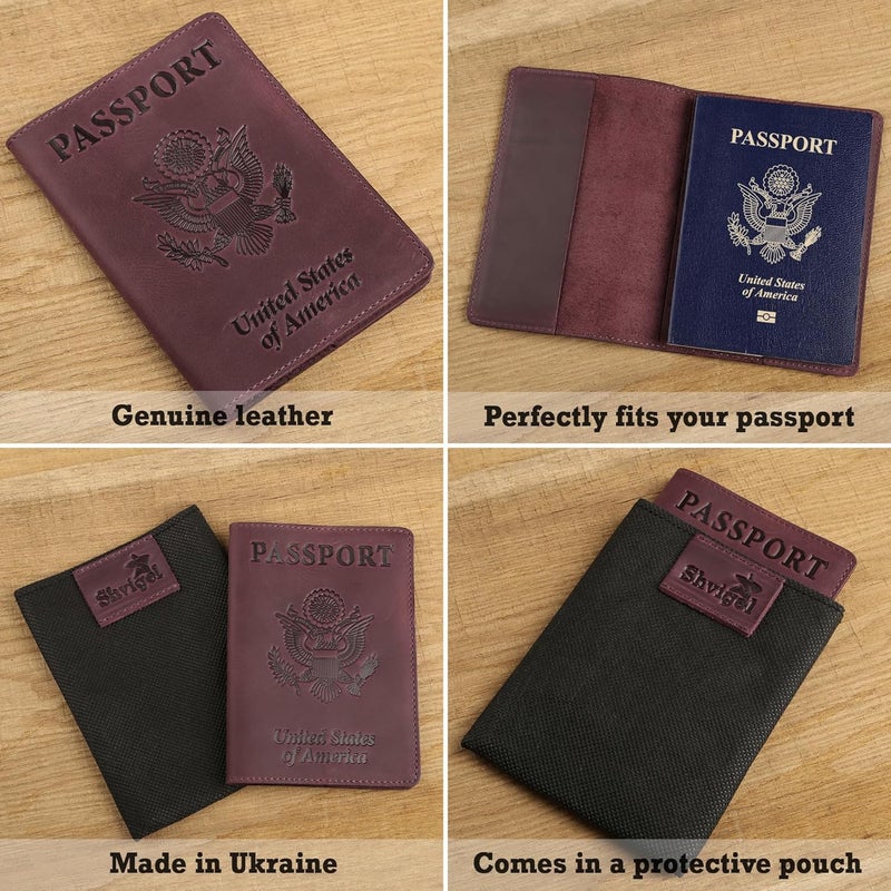 Shvigel US Leather Passport Book Cover - Thin American Travel Passport Holder - Premium International USA Passport Protector Case for Women Men (Maroon Vintage) - Image 3