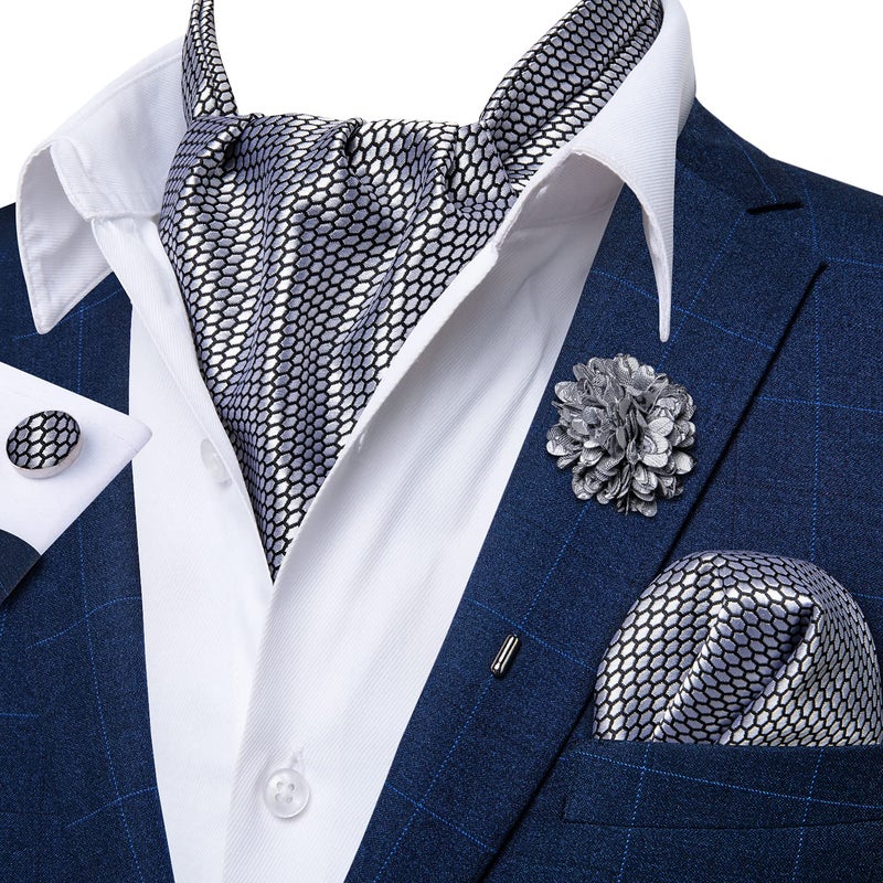 DiBanGu DiBangGu Polka Dot Cravat Ascot Tie Set with Laple Pin Mens Silver Formal Casual Ascot Silk - Image 2