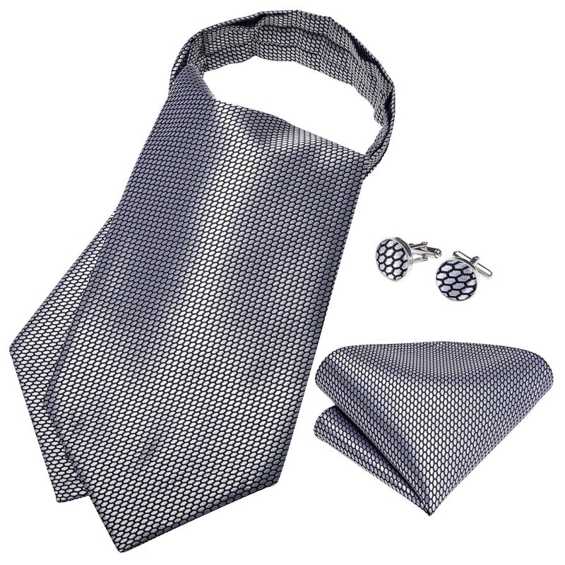DiBanGu DiBangGu Polka Dot Cravat Ascot Tie Set with Laple Pin Mens Silver Formal Casual Ascot Silk - Image 4