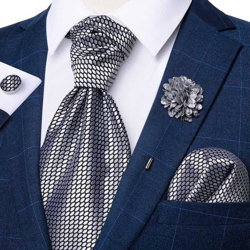 DiBanGu DiBangGu Polka Dot Cravat Ascot Tie Set with Laple Pin Mens Silver Formal Casual Ascot Silk - Image 3