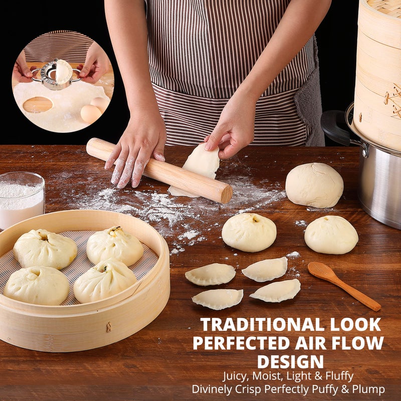 KITCHENCRUST Bamboo Steamer Basket for Chinese Asian Cuisine - 2 Tier 10-Inch Steaming Basket Bun Vegetable Steamer, Dumpling Steamer bamboo steam basket, Sauce Dish, Chopsticks, Reusable Liners, Ring - Image 3