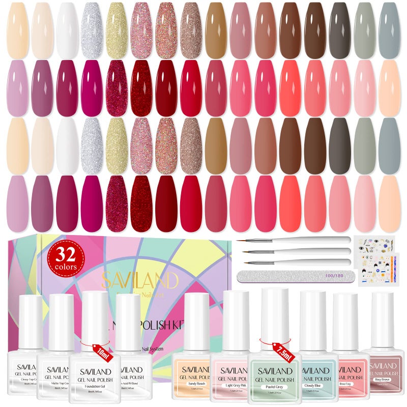 SAVILAND 42PCS Gel Nail Polish Set: 32 Colors Soak-off U V Gel Polish Kit with Base & Glossy Matte Top Coat Red Glitter Gel Polish Set Manicure Kit with Nail Brush for DIY Nail Girl Salon - Image 1