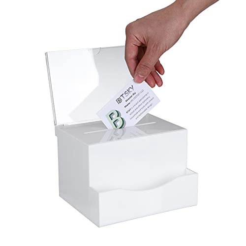 BTSKY Acrylic Suggestion Box with Lock, Acrylic Donation Box with Sign Holder, Office Ballot Box with Pocket Collection Box for Voting Locking Mailbox, Suggestion Box with Removable Sign Slot (White) - Image 1