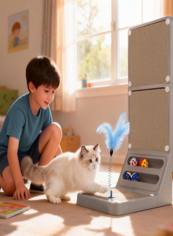 Bunifa Cat Scratcher Cat Scratch Pad L Shape Wall Mounted Dual Use (Vert/Horiz) Kitten Bunifa Scratching Card Board Vertical Post with Ball Toys Feathers,Protecting Furniture Core is Replaceable Large Grey - Image 1