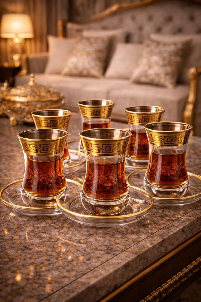 BYART Premium Glass Tea and Coffee Cup Set, 6 Cups with Saucers, Modern Design with Golden Edges and Curved Patterns Turkish Made (Gold/Clear) - Image 2