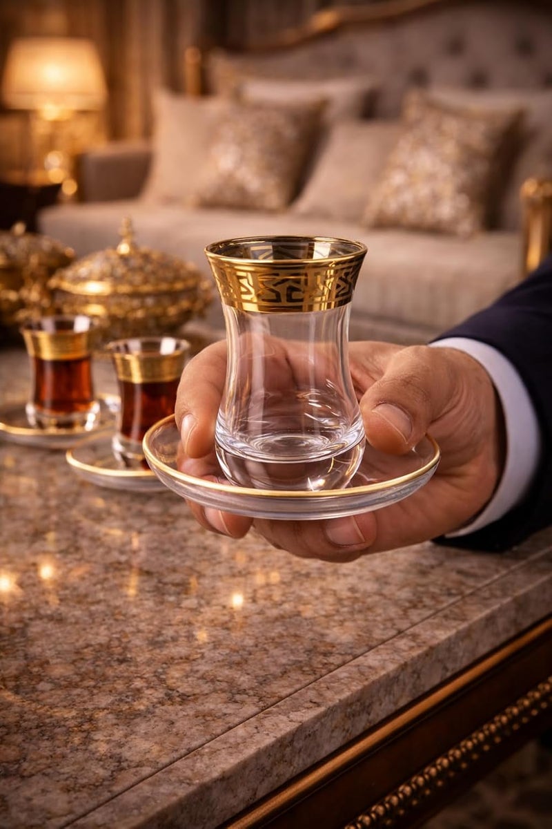 BYART Premium Glass Tea and Coffee Cup Set, 6 Cups with Saucers, Modern Design with Golden Edges and Curved Patterns Turkish Made (Gold/Clear) - Image 4