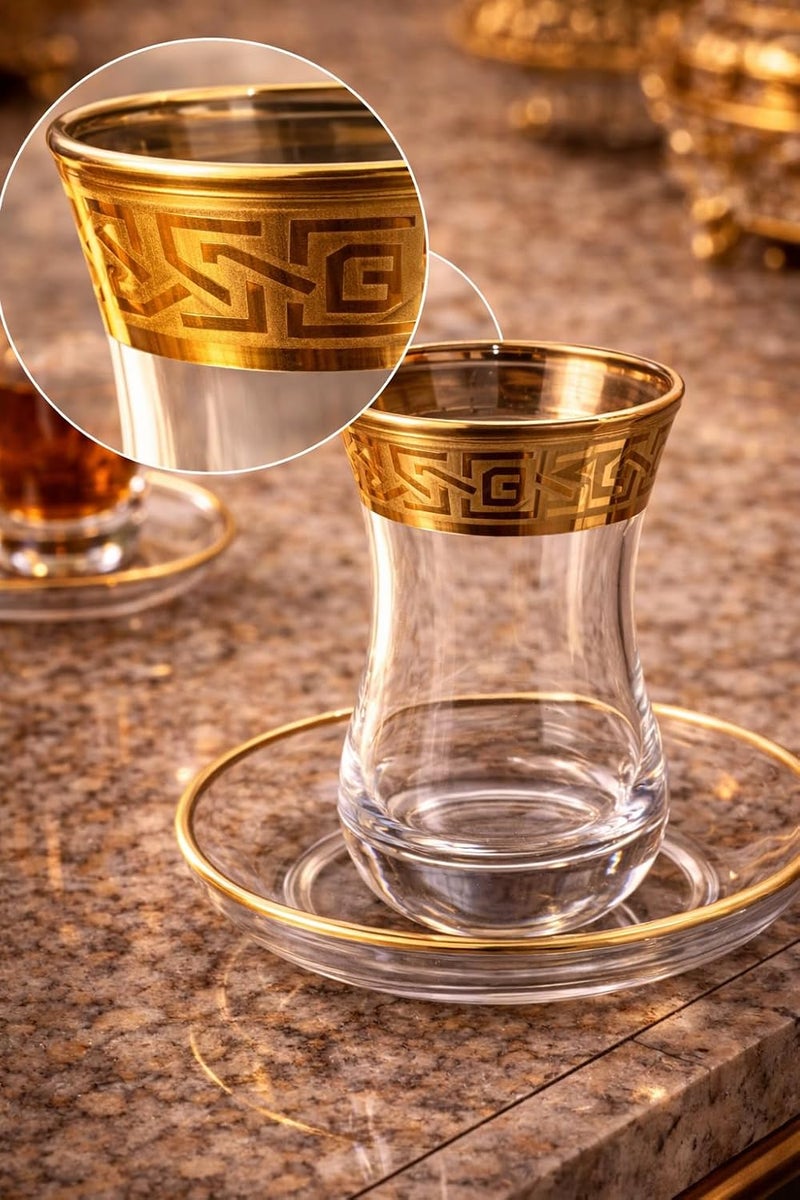 BYART Premium Glass Tea and Coffee Cup Set, 6 Cups with Saucers, Modern Design with Golden Edges and Curved Patterns Turkish Made (Gold/Clear) - Image 1