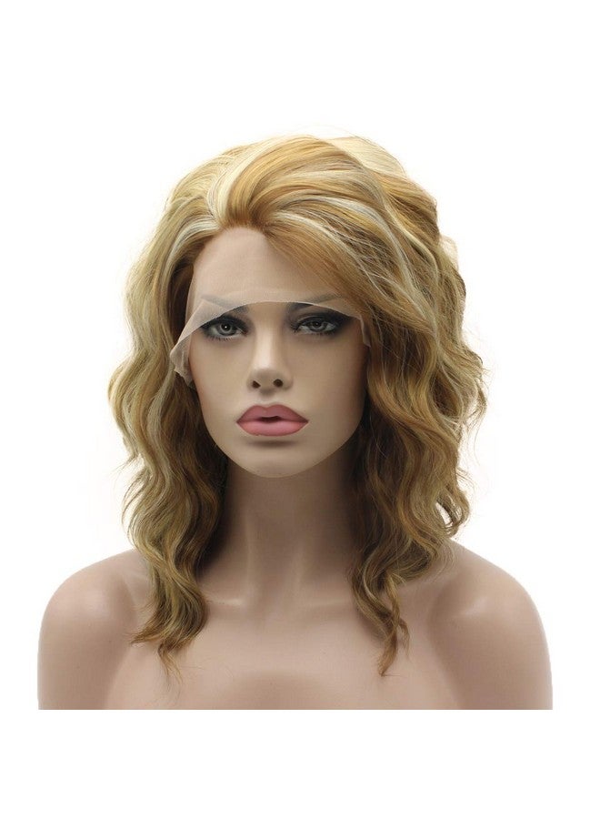 Lushy Lace Front Synthetic Wig Medium Length Curly 14Inch Honey Blonde And Light Blonde Mix Wig Stylish Wig - Image 4