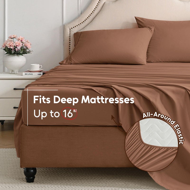 Swiftify Queen Sheet Set, 4 Pieces Hotel Luxury Soft Microfiber Queen Bed Sheets Set, Up to 16" Deep Pockets, Oeko-Tex Sheets with Elastic, Breathable, Wrinkle Free (Brown,Queen) - Image 3