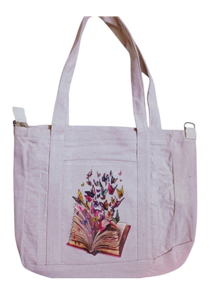 Beige tote bag (book + butterfly) 