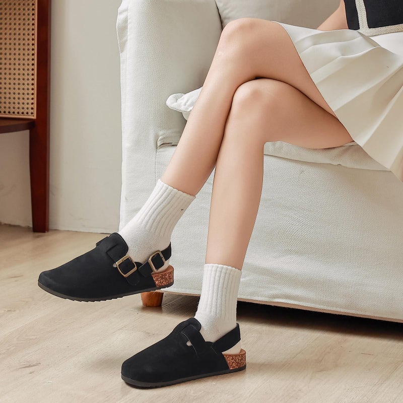 DDXYYDS Women's Suede Clogs with Back Strap Men's Cork Footbed Leather Mules Clogs for Women Comfort Memory Foam Slingback Clog Sandals with Adjustable Buckle Slip on Potato Shoes Black - Image 3