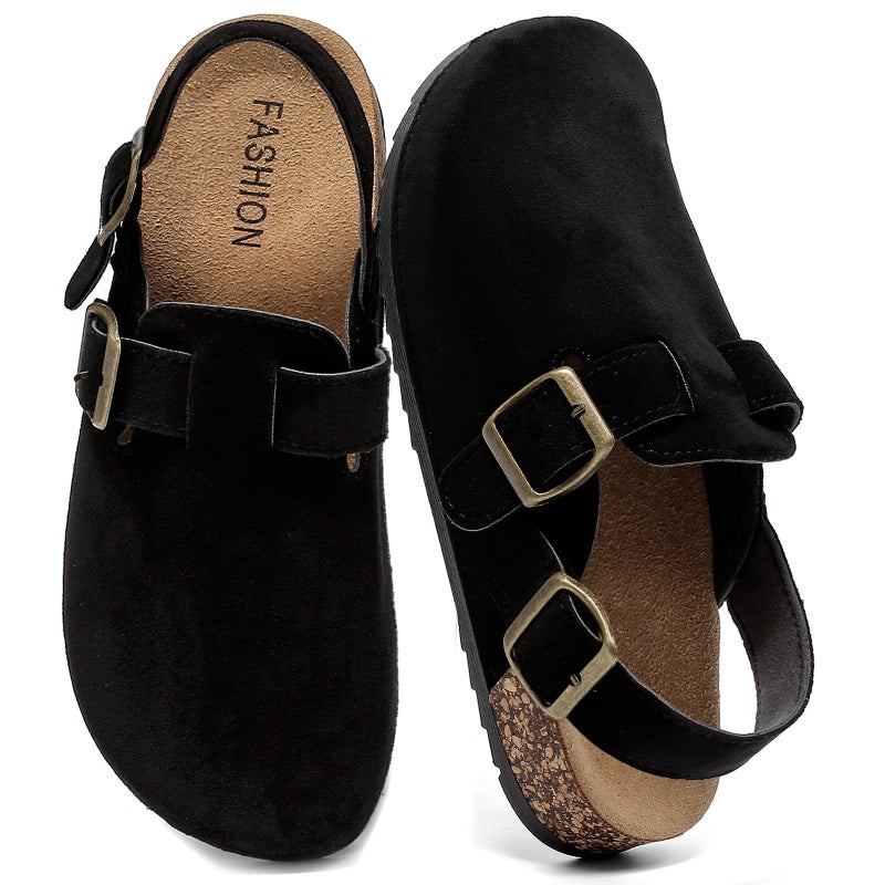 DDXYYDS Women's Suede Clogs with Back Strap Men's Cork Footbed Leather Mules Clogs for Women Comfort Memory Foam Slingback Clog Sandals with Adjustable Buckle Slip on Potato Shoes Black - Image 1