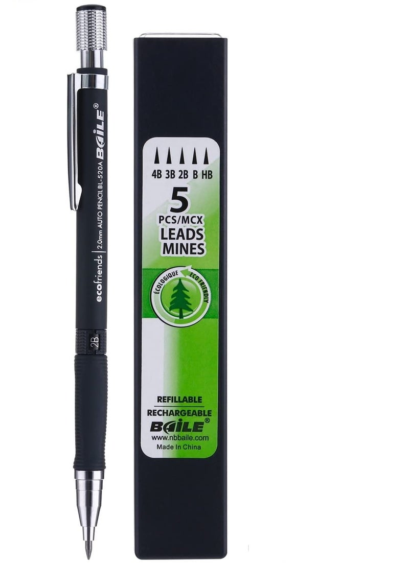 Baile 2.0mm Mechanical Auto Pencil + Lead Box (5 Leads) - Body Color Black - Image 1