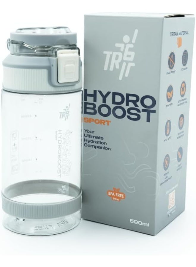 TR6 Sport Clear Gym Water Bottle 580ml BPA Free Leak Proof Flip Lock Lid Temp Resistance 10°C to 80°C Carry holder Hydration Bottle for Fitness Office Travel School & Daily use. (White, 580ml)